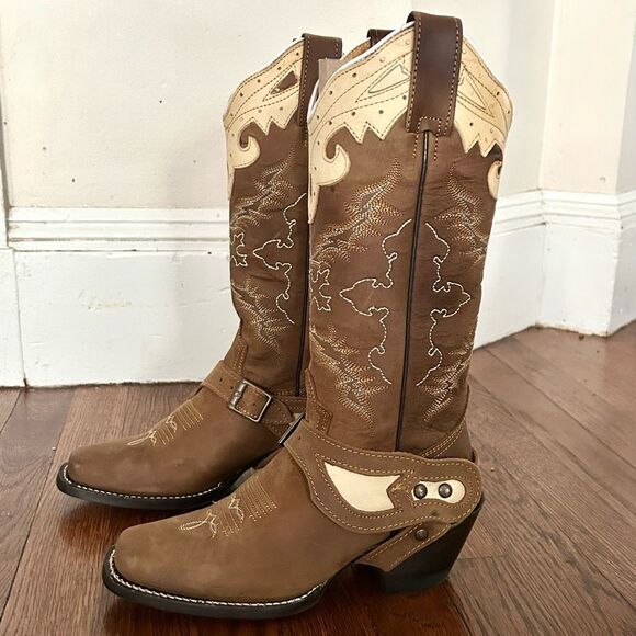 Minotauro Western Leather Cowgirl Boots Brown & Cream Size 6.5 NEW in Box - Picture 8 of 16
